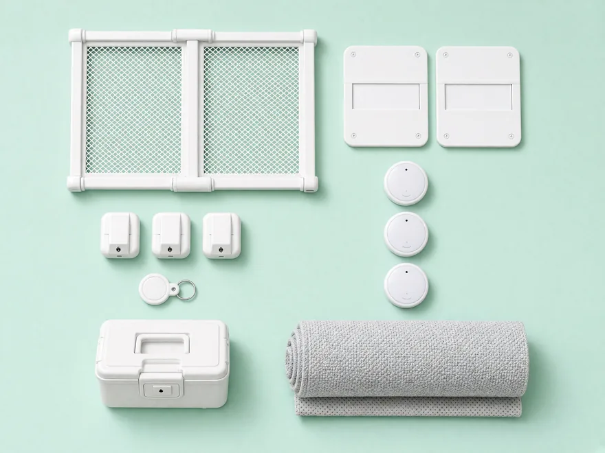 Grandparents' kit laid out: a safety gate, outlet covers, cabinet locks, a medicine box, night lights and a bath mat