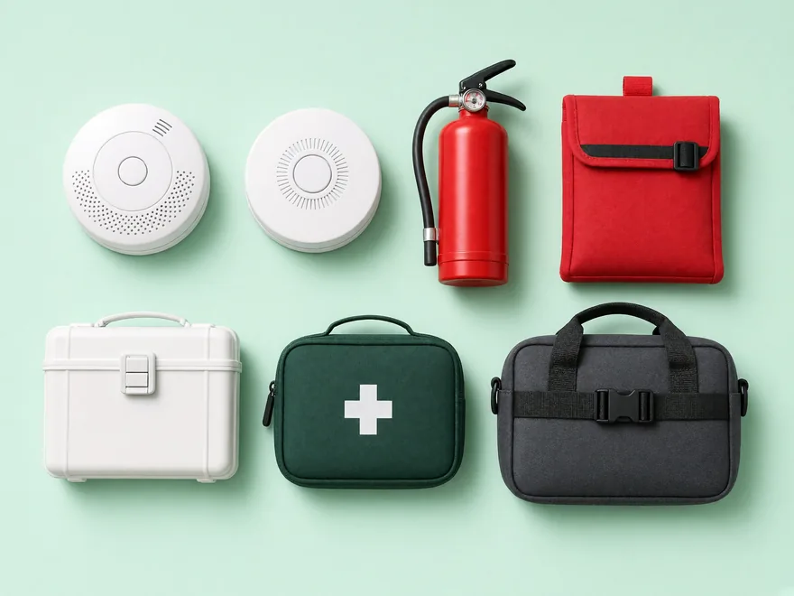 Starter kit laid out: two smoke and CO alarms, a fire extinguisher, a fire blanket, two first aid kits and a roadside bag