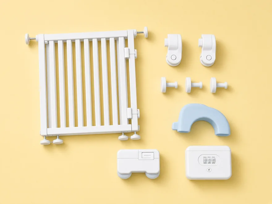 Toddler kit laid out: a safety gate panel, door lever locks, window stops, an oven lock, a bath spout cover and a medicine box