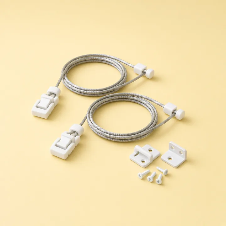 Two braided steel anti-tip straps with white buckles and wall brackets