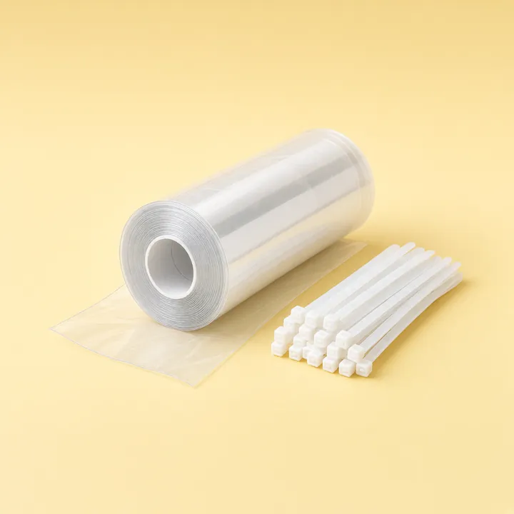 Roll of clear banister guard sheet beside a bundle of white cable ties