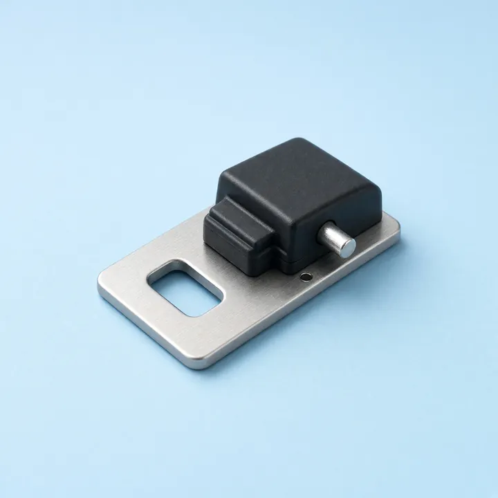 Portable door lock: a black lock body on a steel plate