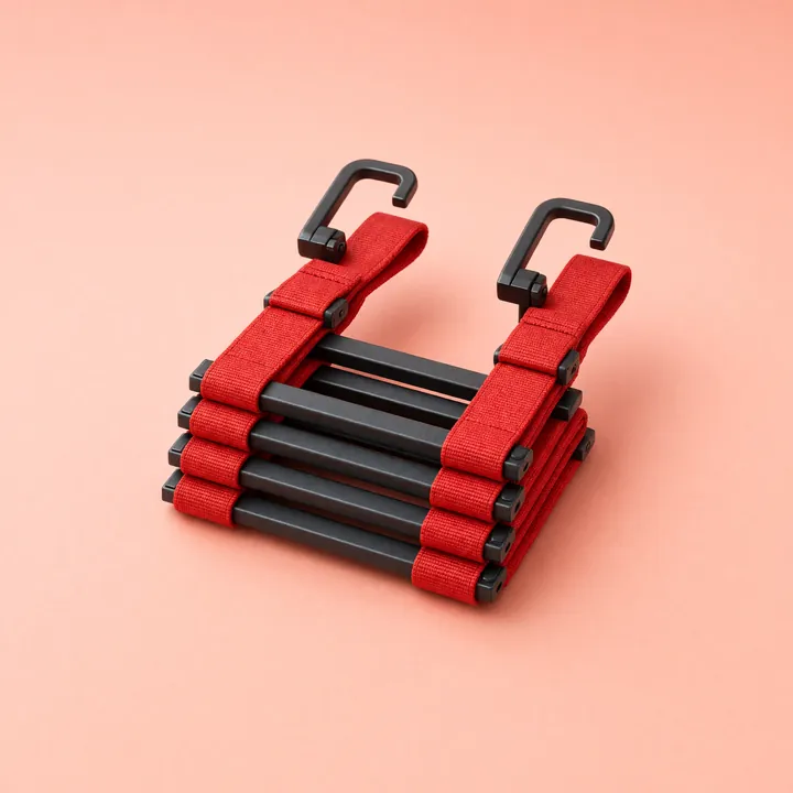 Folded red and black escape ladder with two black window hooks