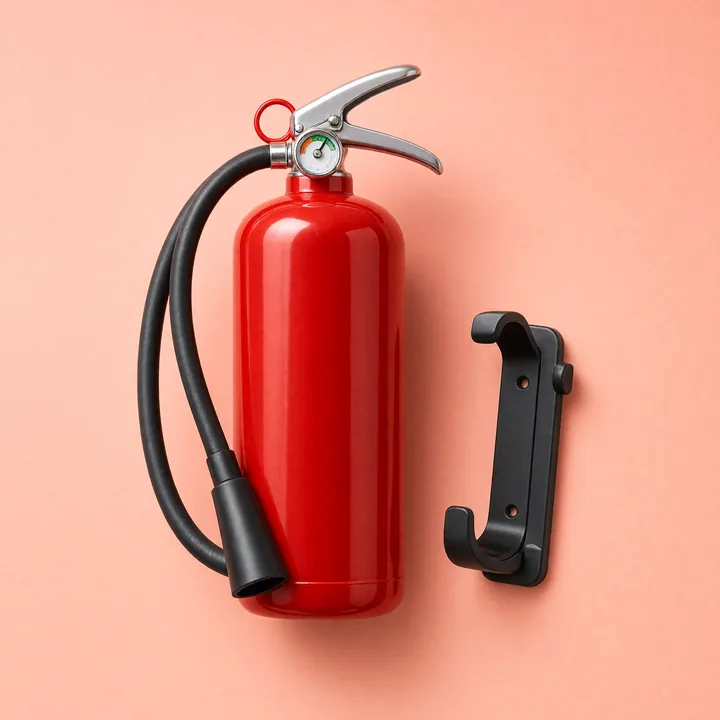Red home fire extinguisher beside its black wall bracket