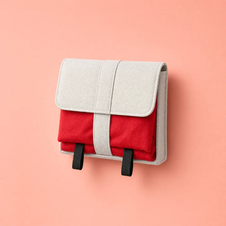 Red kitchen fire blanket in a wall pouch with two black pull tabs