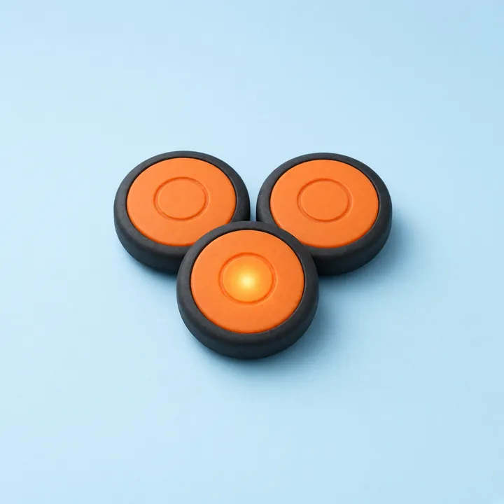 Three round LED road flares with glowing orange lenses