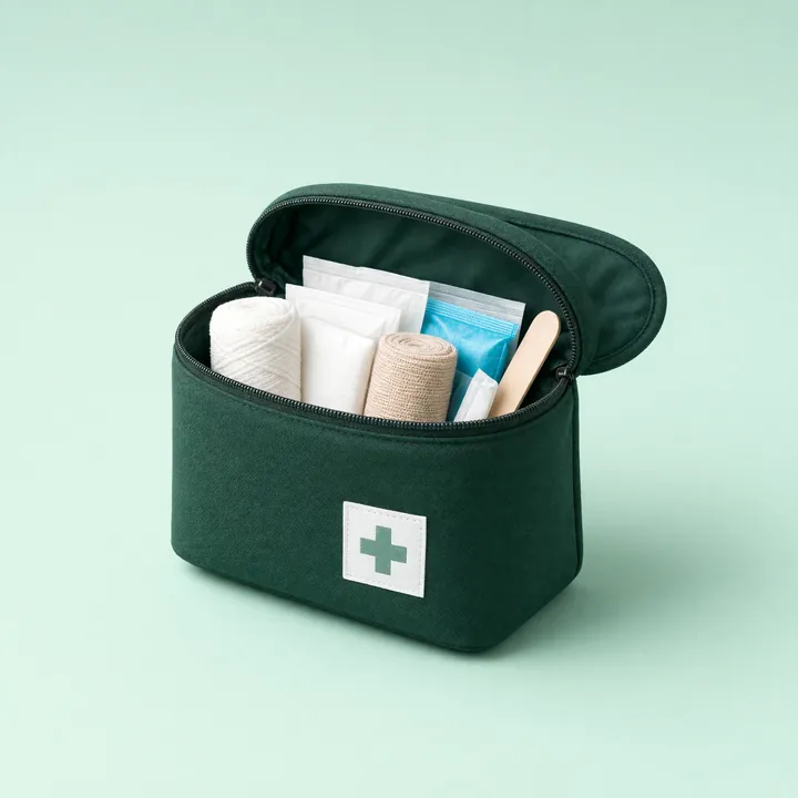 Compact pine green first aid pouch with a white cross