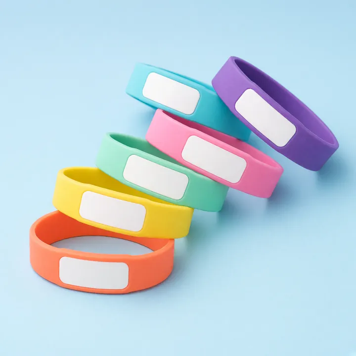 Six colorful silicone ID wristbands with white write-on panels