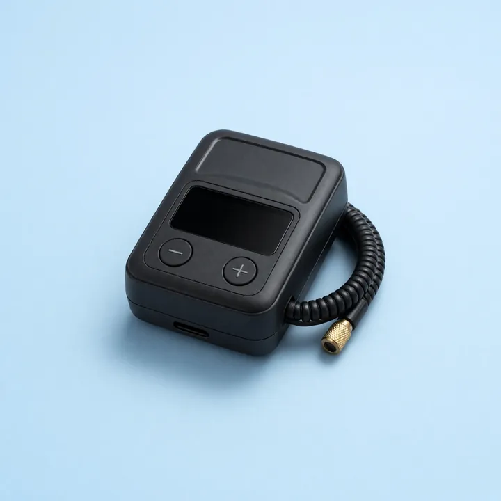 Black digital tire inflator with a coiled air hose