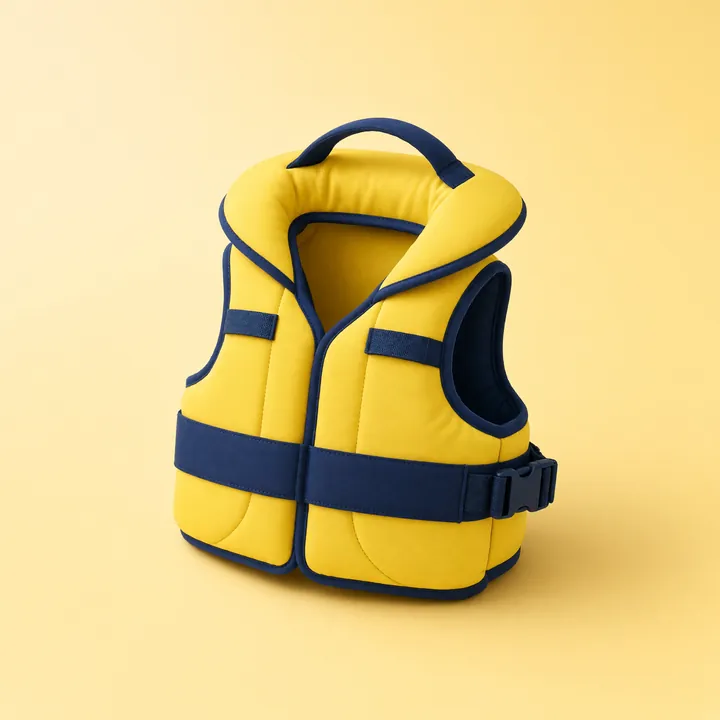 Yellow and navy child life jacket with a padded head-support collar