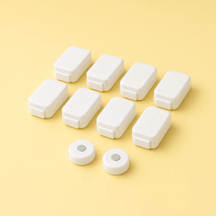 Eight white magnetic cabinet locks and two round magnetic keys