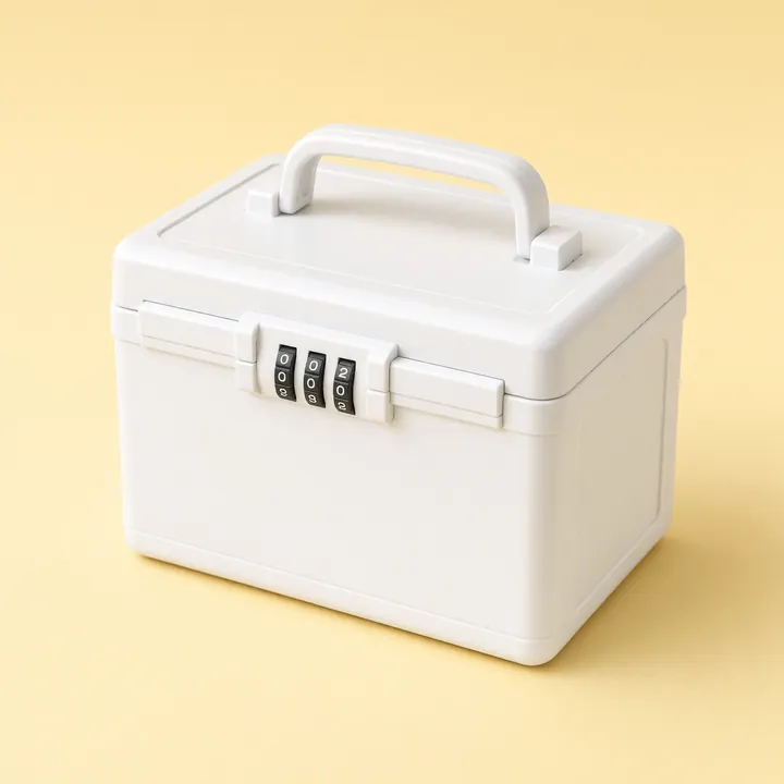 White locking medicine box with a carry handle and a three-digit combination lock