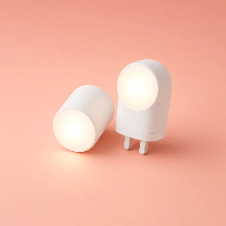 Two white plug-in night lights, one glowing warm white