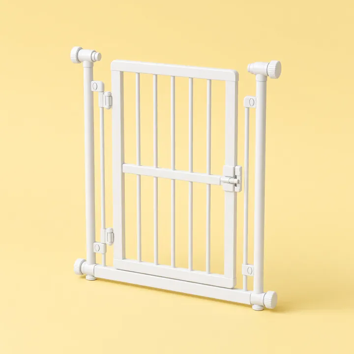 White pressure-mounted walk-through safety gate