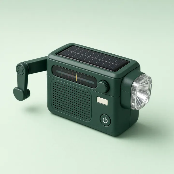 Dark green hand-crank emergency radio with a solar panel and a flashlight