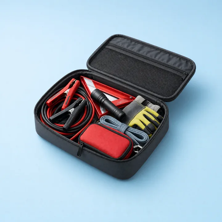 Open roadside emergency bag with jumper cables, a red warning triangle, a flashlight and gloves