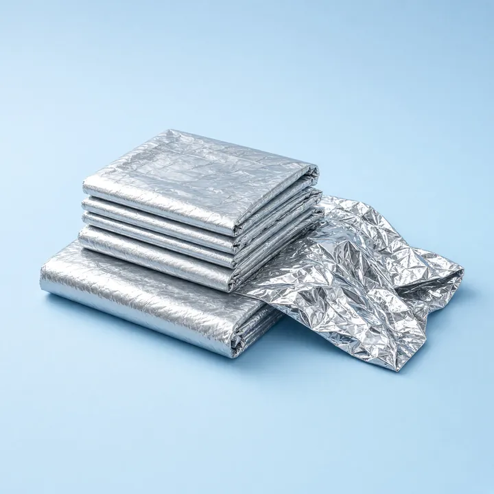 Stack of folded silver emergency thermal blankets, one opened