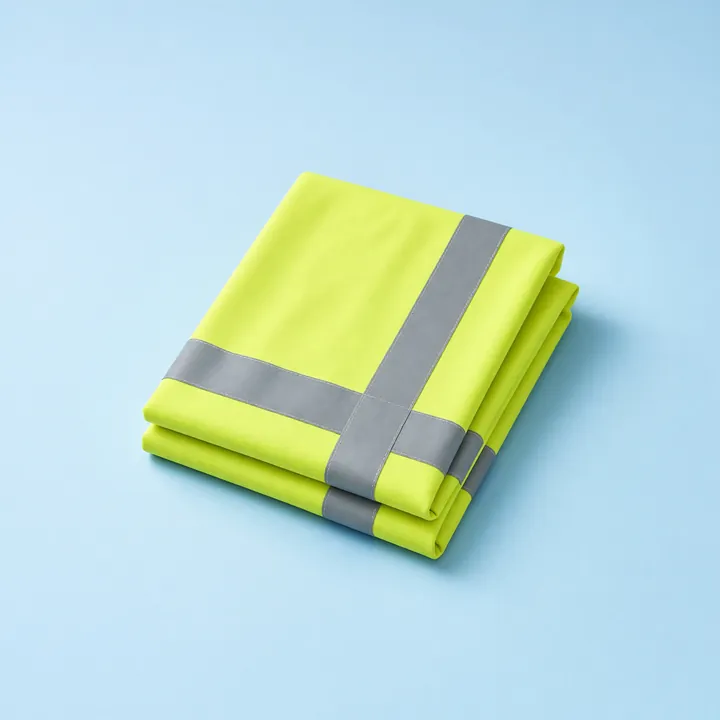 Folded fluorescent yellow-green safety vests with reflective stripes