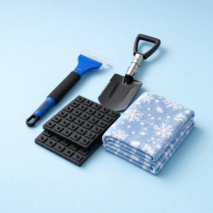 Winter car kit: a snow brush with an ice scraper, a folding shovel, black traction mats and a snowflake fleece blanket