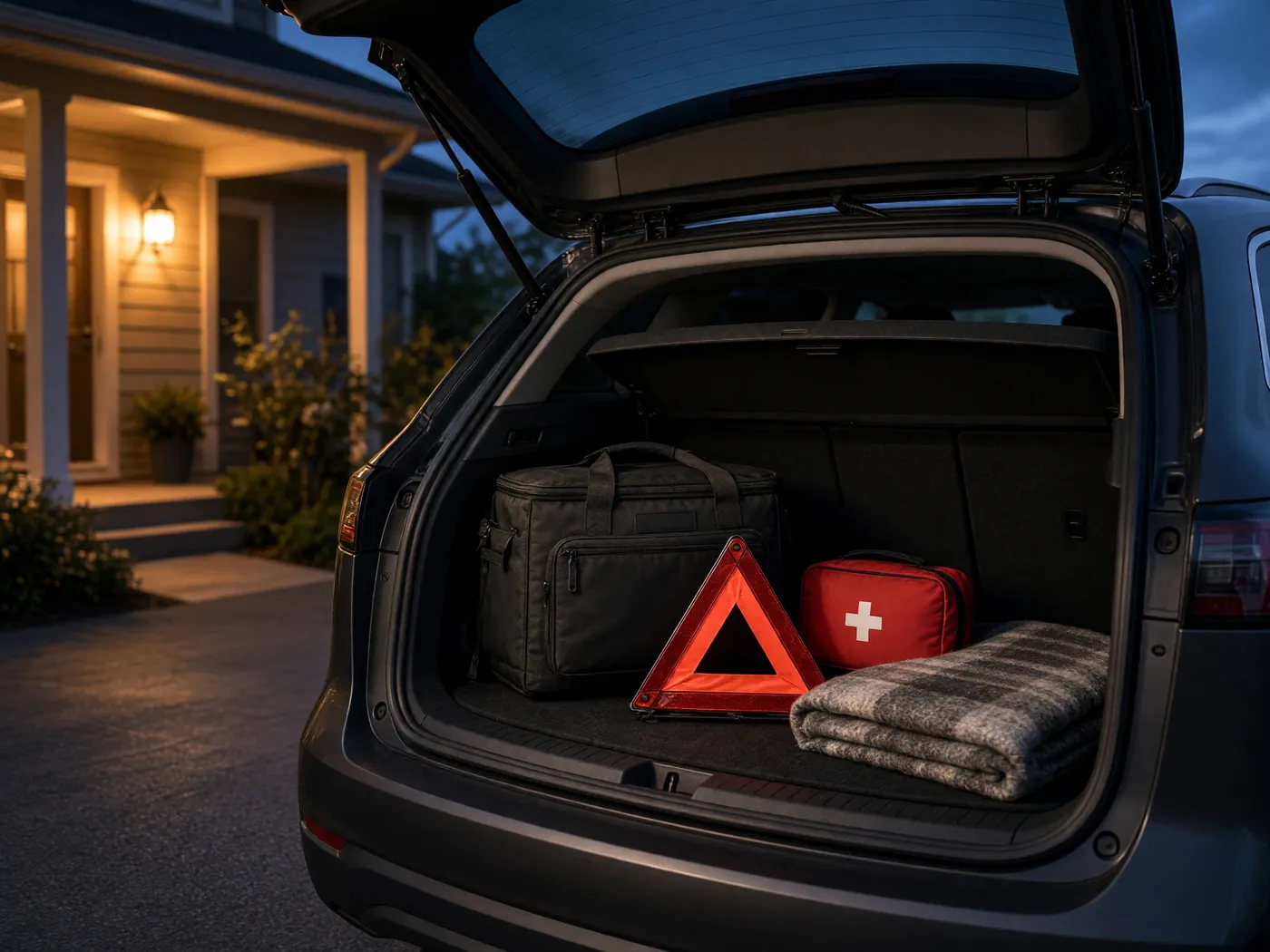 The open hatch of a family SUV at dusk, packed with a roadside emergency bag, a red warning triangle, a first aid pouch and a blanket