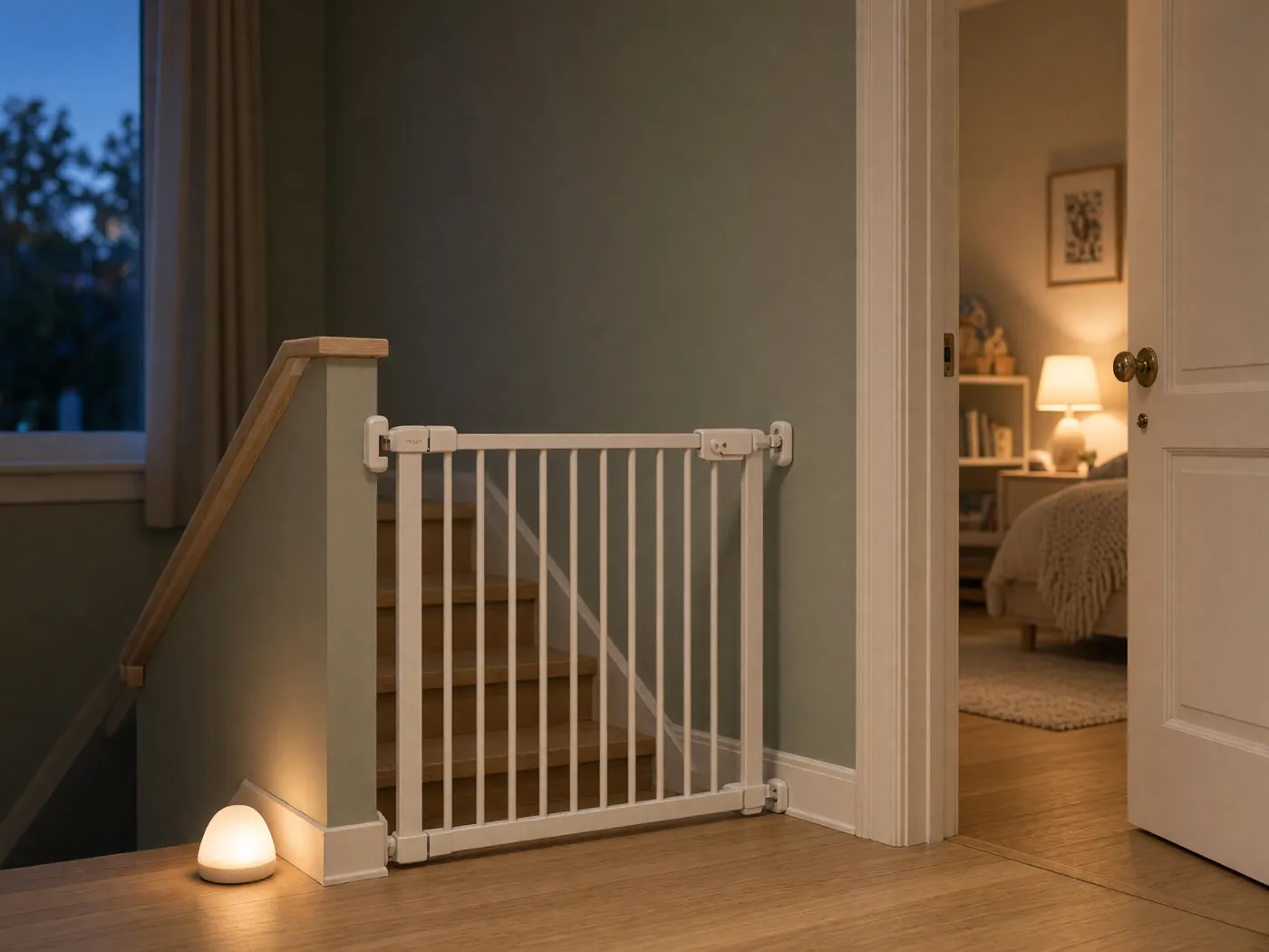 A softly lit upstairs landing at dusk, with a white safety gate at the top of the stairs and a night light glowing by the floor